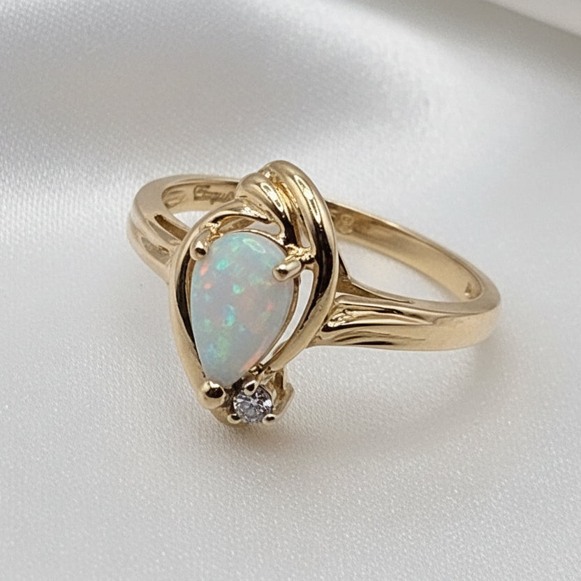 14K Gold, Tear Drop Opal & Diamond Halo Elegant Ring