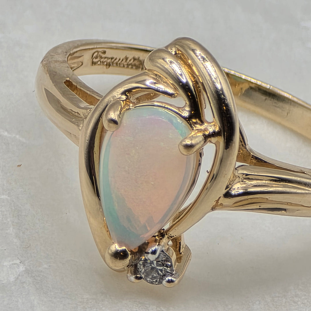14K Gold, Tear Drop Opal & Diamond Halo Elegant Ring