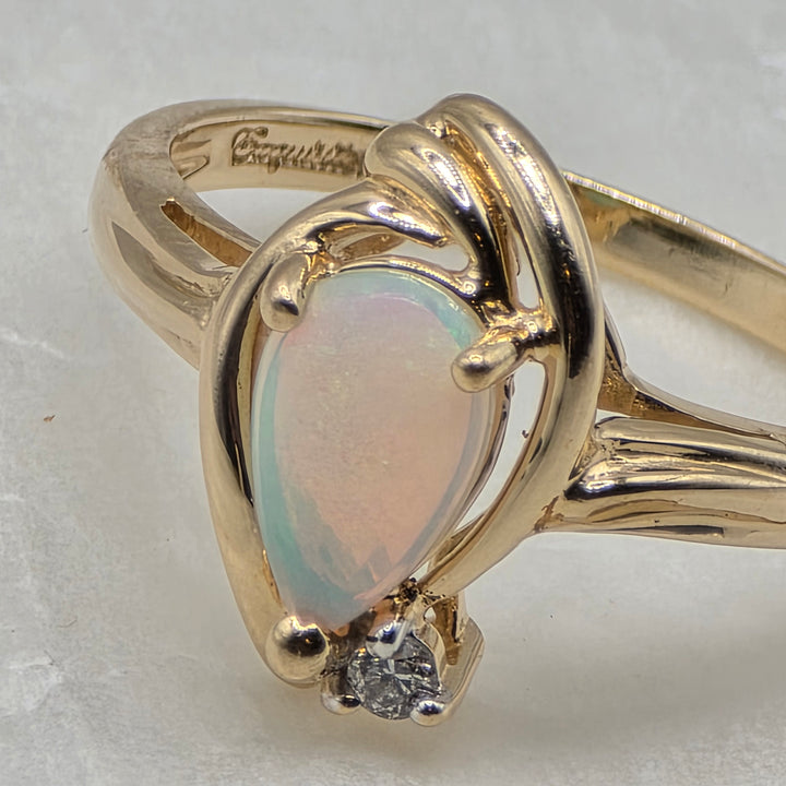 14K Gold, Tear Drop Opal & Diamond Halo Elegant Ring