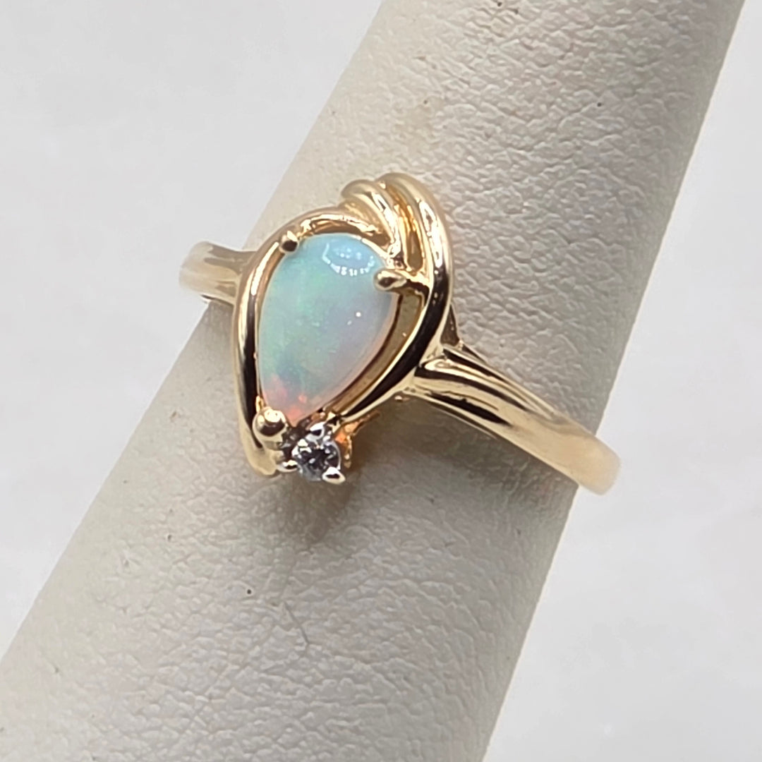 14K Gold, Tear Drop Opal & Diamond Halo Elegant Ring