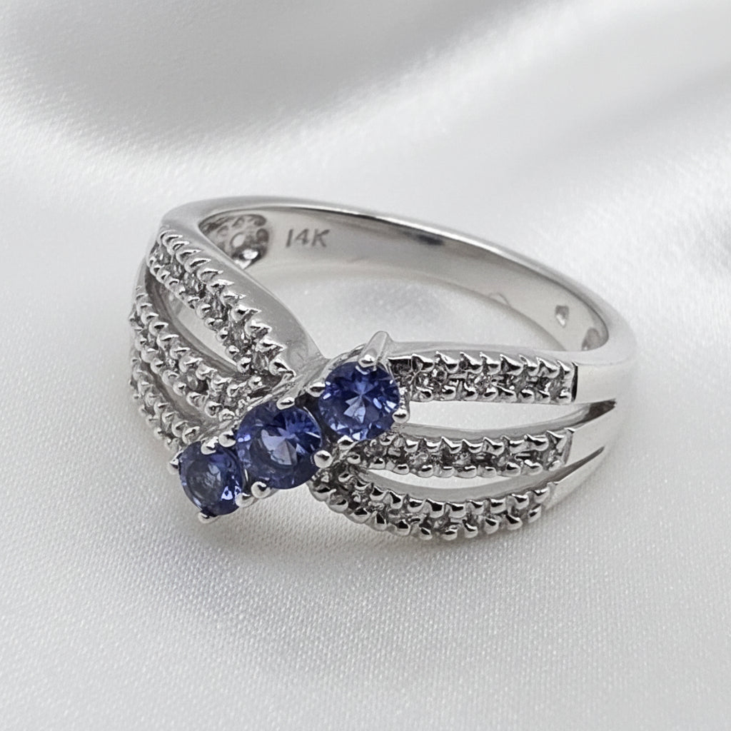 14K Gold, Diamond & Tanzanite Criss-Cross Ribbon Elegant Ring