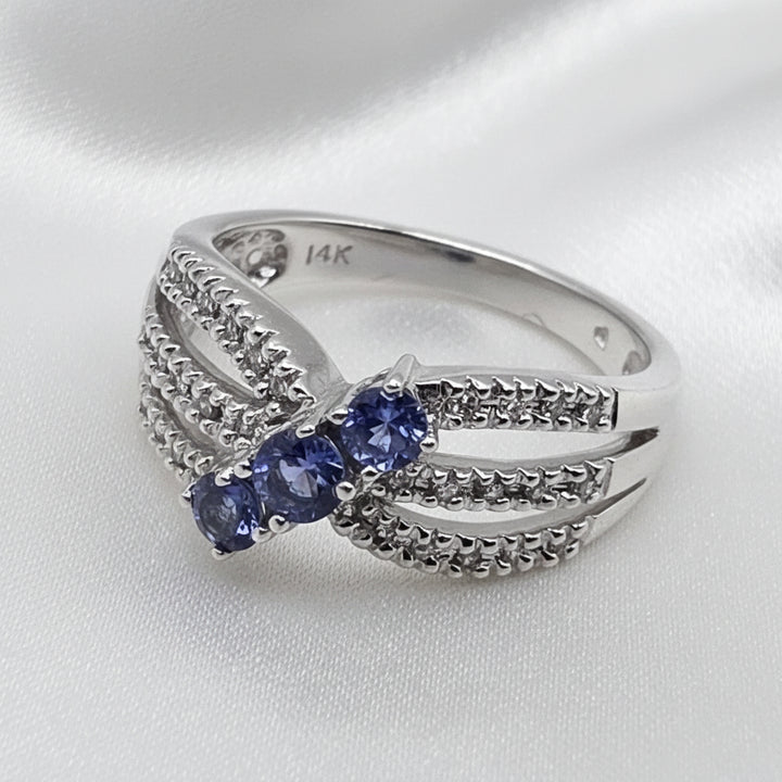 14K Gold, Diamond & Tanzanite Criss-Cross Ribbon Elegant Ring
