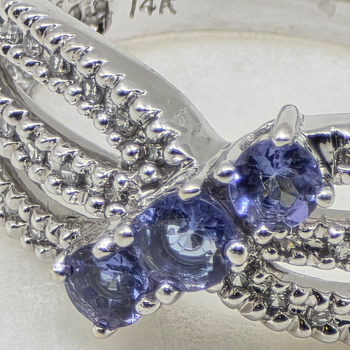 14K Gold, Diamond & Tanzanite Criss-Cross Ribbon Elegant Ring