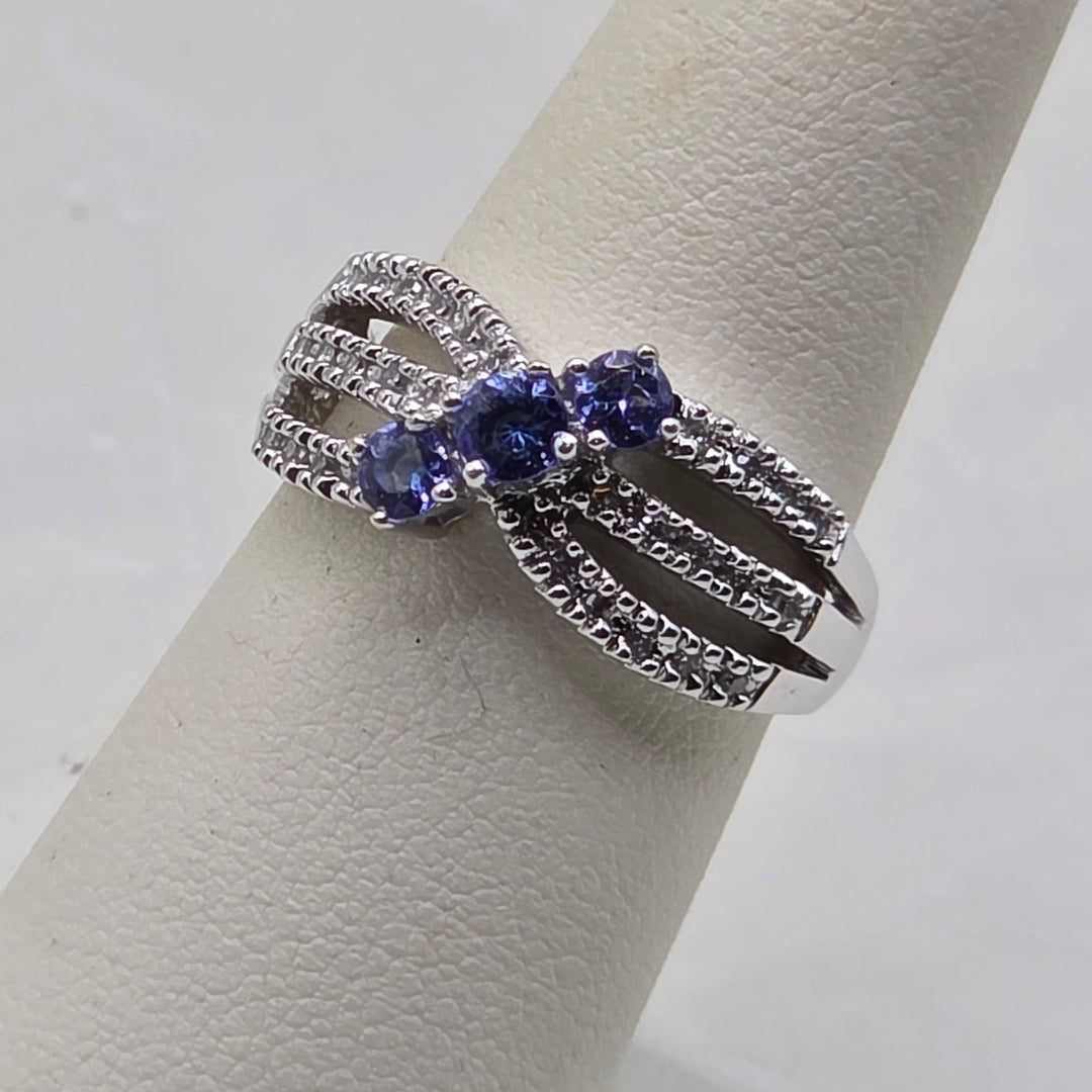 14K Gold, Diamond & Tanzanite Criss-Cross Ribbon Elegant Ring