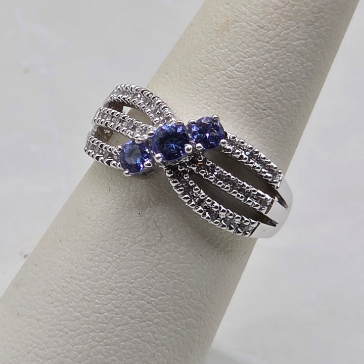 14K Gold, Diamond & Tanzanite Criss-Cross Ribbon Elegant Ring