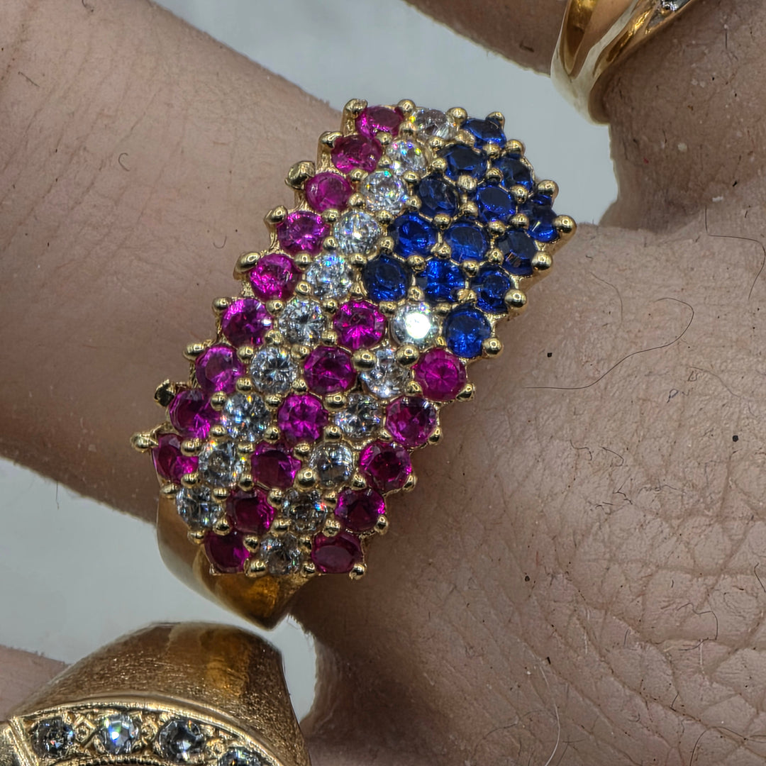10K Gold & CZ Colorful American Flag Statement Ring