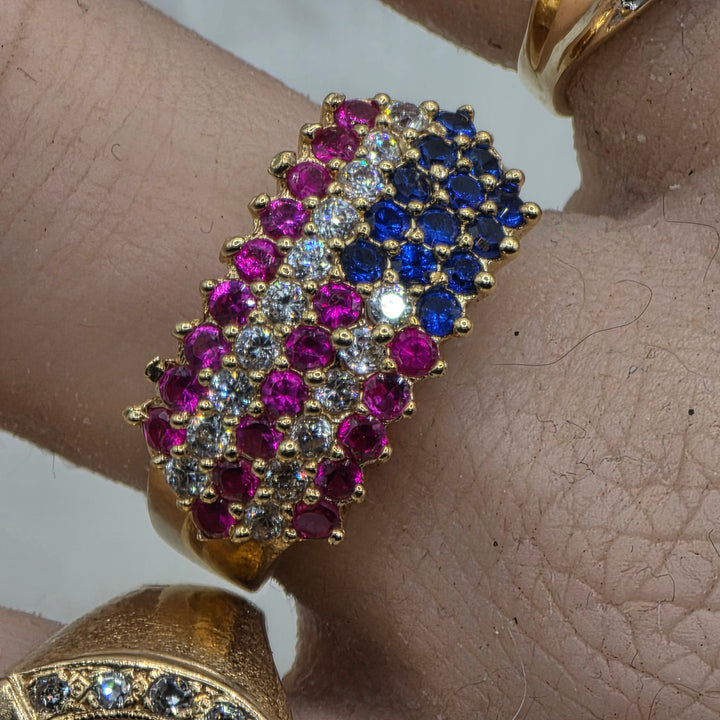 10K Gold & CZ Colorful American Flag Statement Ring