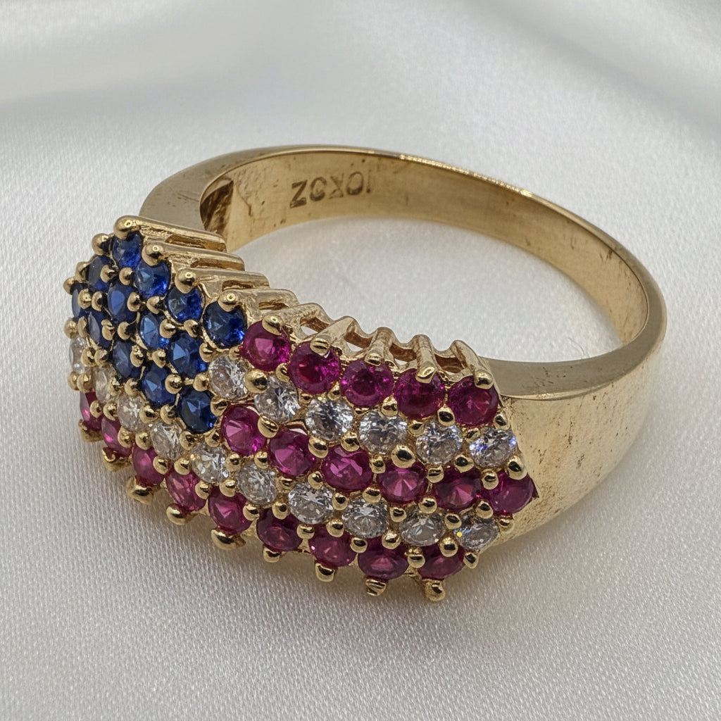 10K Gold & CZ Colorful American Flag Statement Ring
