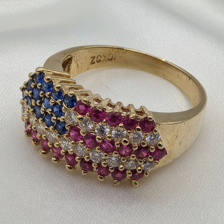 10K Gold & CZ Colorful American Flag Statement Ring