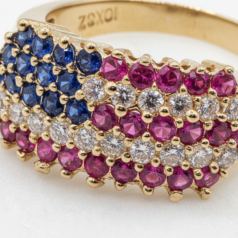 10K Gold & CZ Colorful American Flag Statement Ring