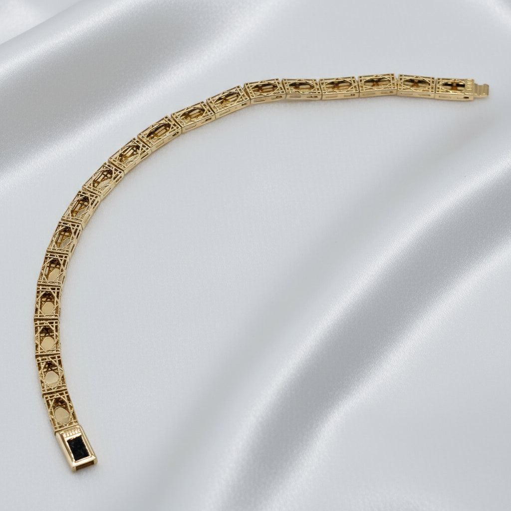 14K Gold Intricate Open Work Box Link Filigree Framed Bracelet
