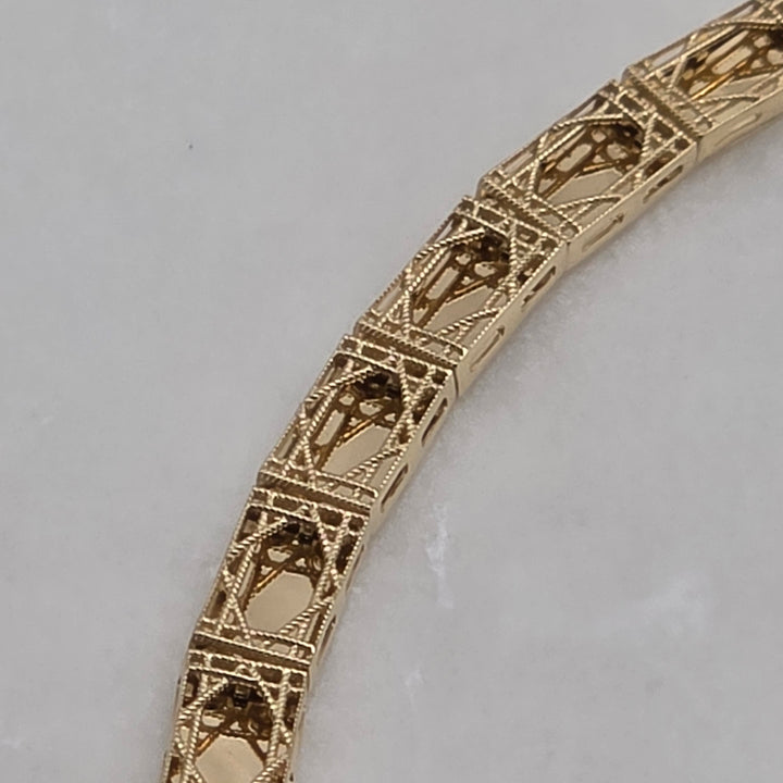 14K Gold Intricate Open Work Box Link Filigree Framed Bracelet