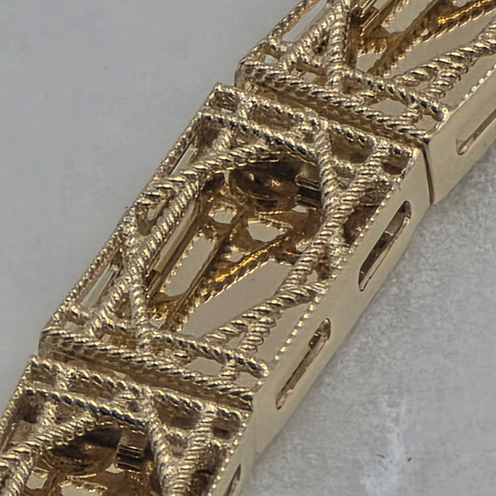 14K Gold Intricate Open Work Box Link Filigree Framed Bracelet