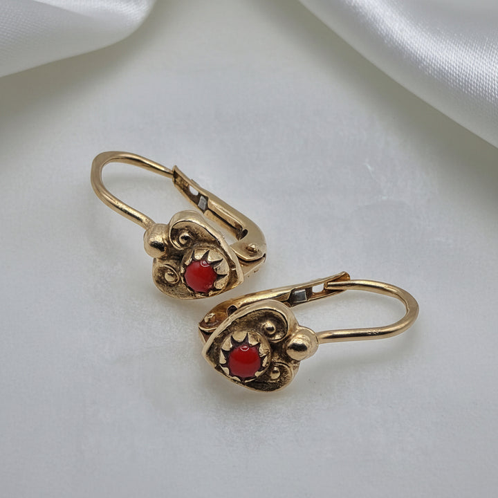 18K Gold Filigree Heart & Coral Dangle Earrings