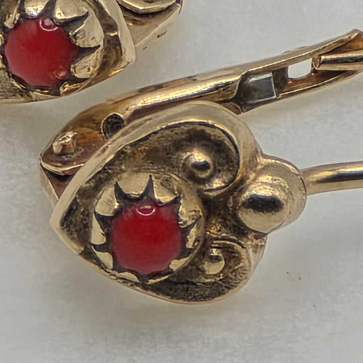 18K Gold Filigree Heart & Coral Dangle Earrings