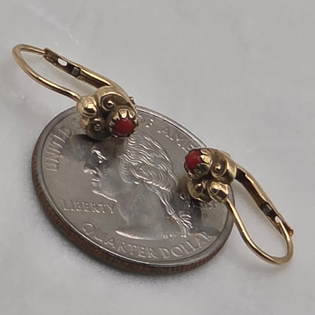 18K Gold Filigree Heart & Coral Dangle Earrings