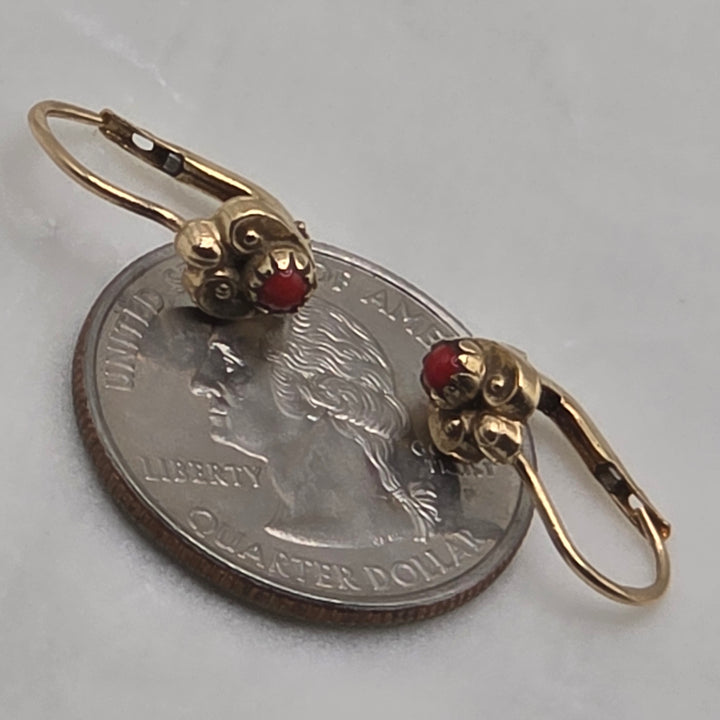 18K Gold Filigree Heart & Coral Dangle Earrings