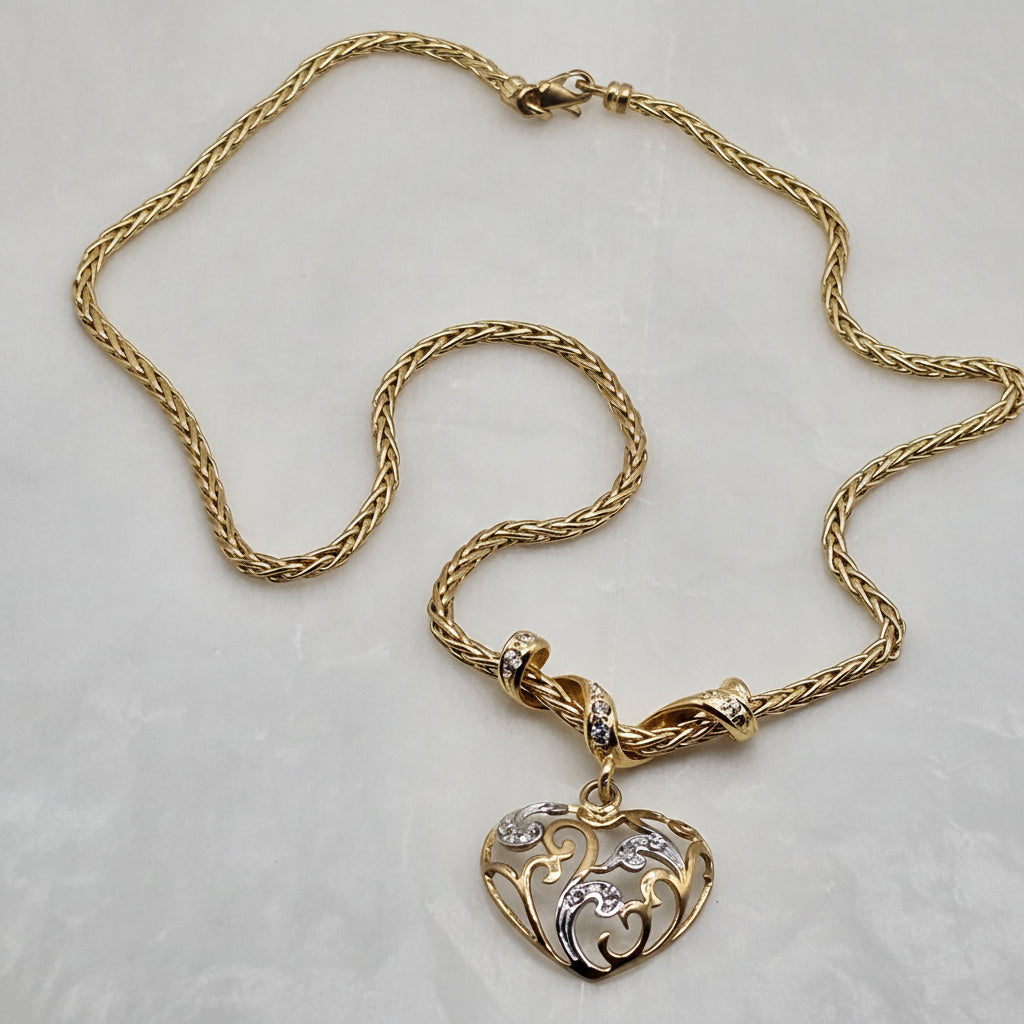 18K Gold & Diamond Ornate Open Heart Necklace