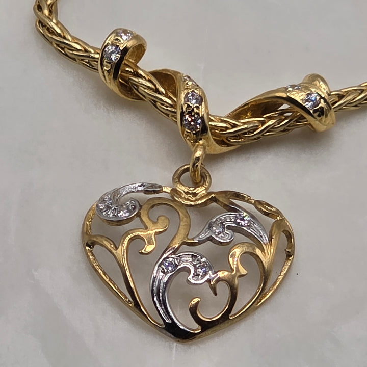18K Gold & Diamond Ornate Open Heart Necklace