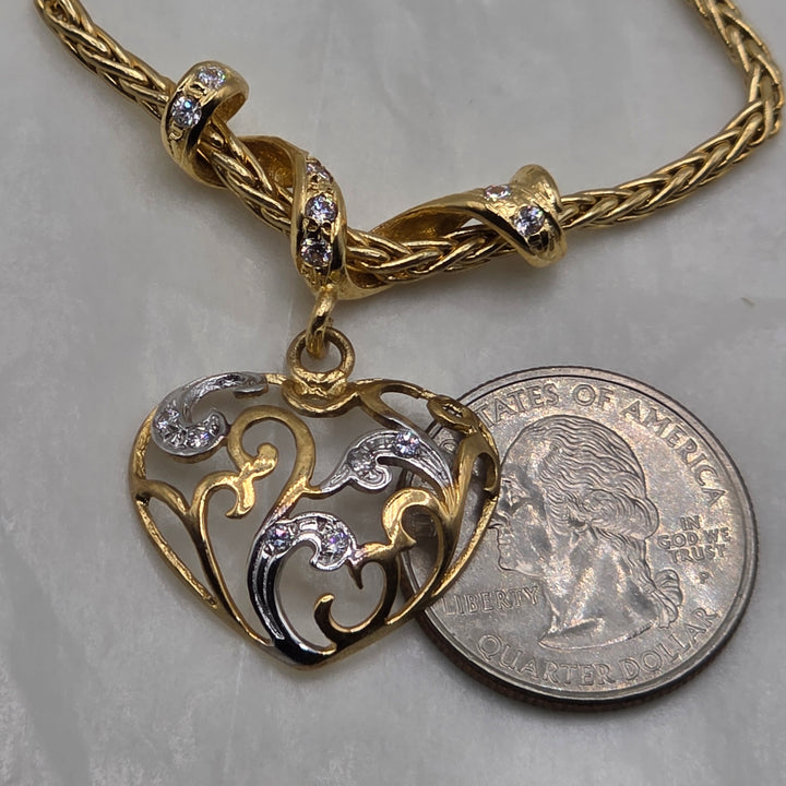 18K Gold & Diamond Ornate Open Heart Necklace