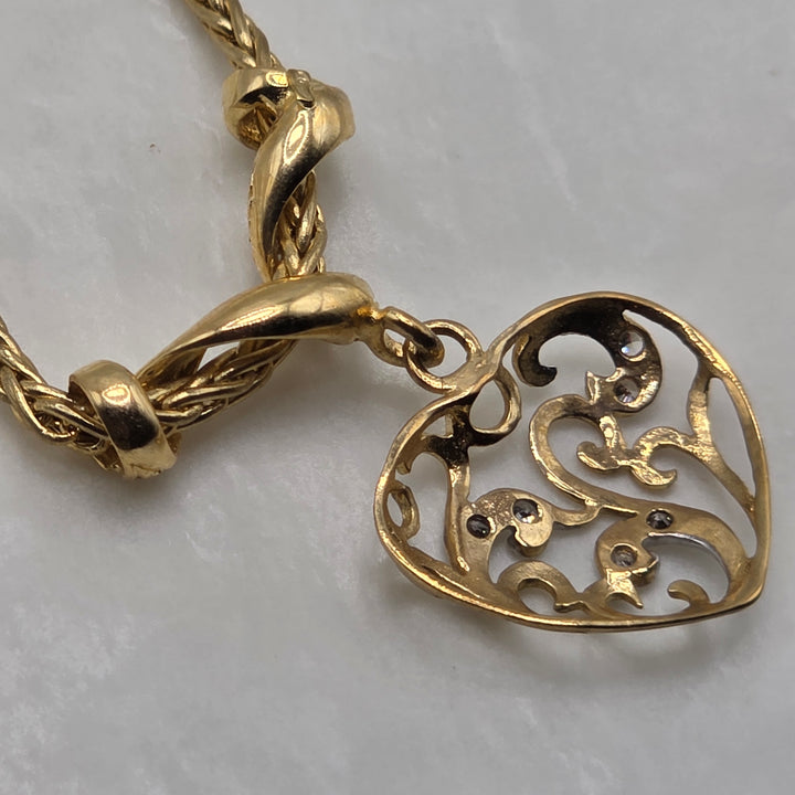 18K Gold & Diamond Ornate Open Heart Necklace