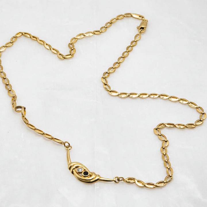 Elegant 18K Gold, Sapphire & Diamond Curved Bar Pendant Necklace
