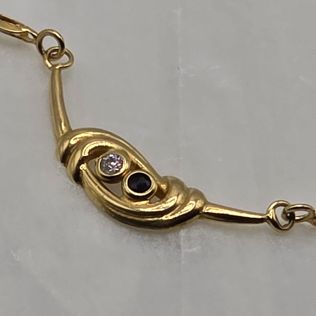 Elegant 18K Gold, Sapphire & Diamond Curved Bar Pendant Necklace