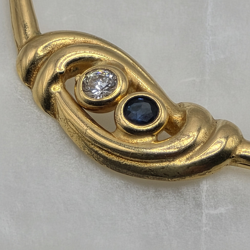 Elegant 18K Gold, Sapphire & Diamond Curved Bar Pendant Necklace