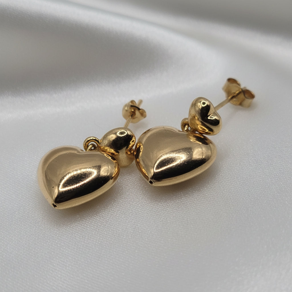 18K Yellow Gold Stud and Dangle 2 Hearts Earrings