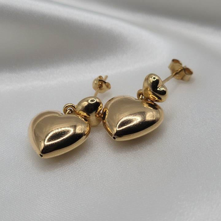 18K Yellow Gold Stud and Dangle 2 Hearts Earrings