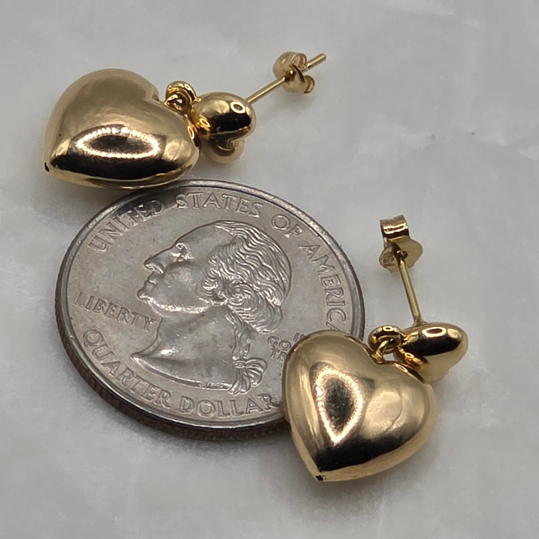 18K Yellow Gold Stud and Dangle 2 Hearts Earrings
