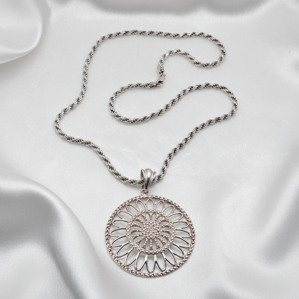 Authentic Milor Sterling Silver Large Filigree Flower Pendant Necklace