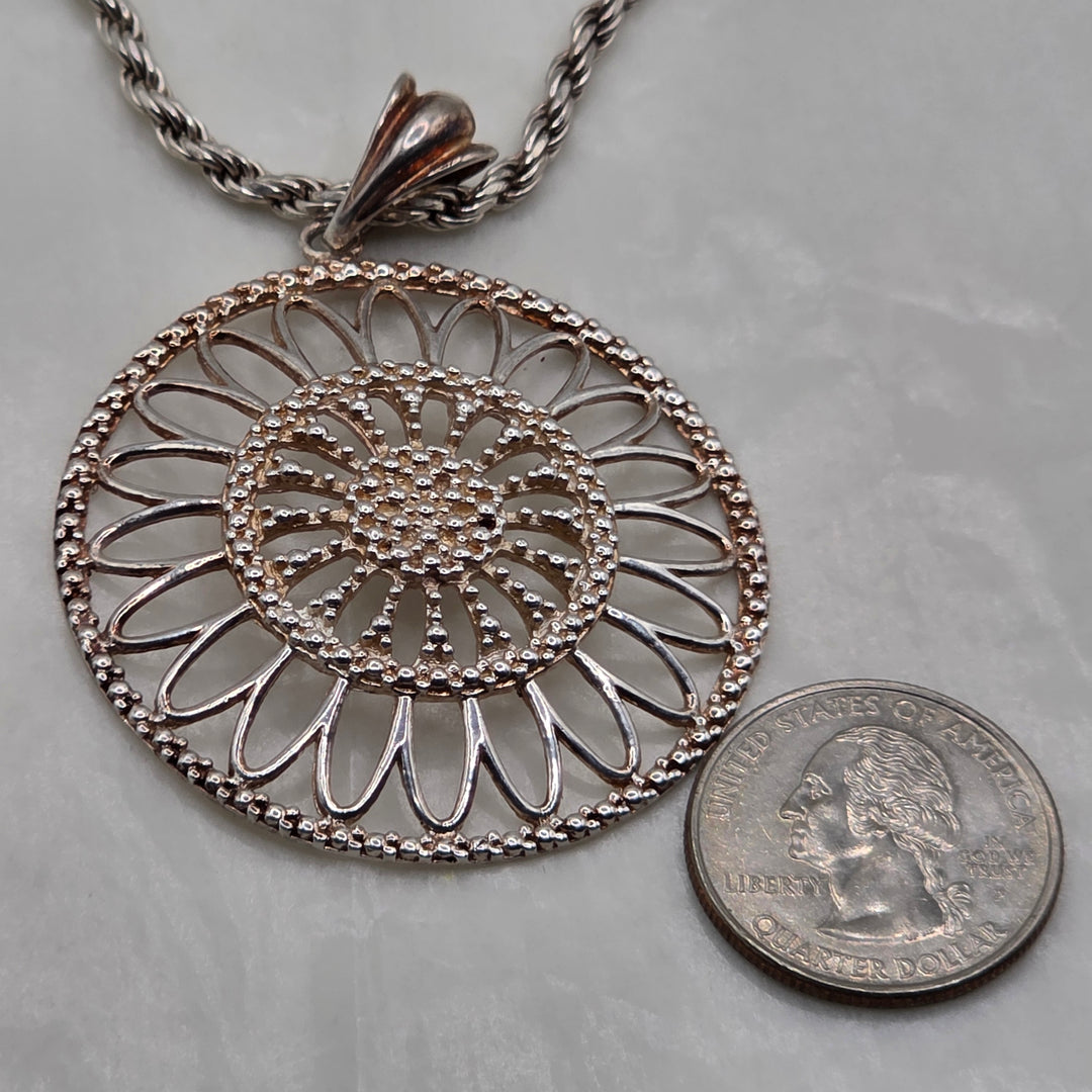 Authentic Milor Sterling Silver Large Filigree Flower Pendant Necklace