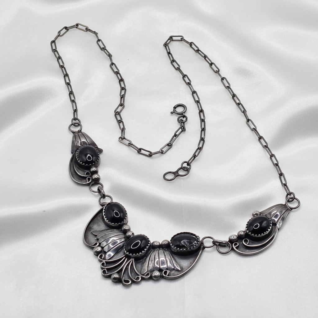 Sterling Silver & Cabochon Onyx Feather Pendant Necklace