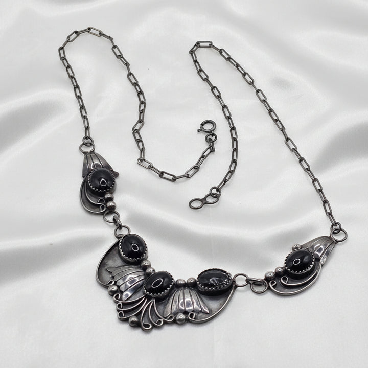 Sterling Silver & Cabochon Onyx Feather Pendant Necklace