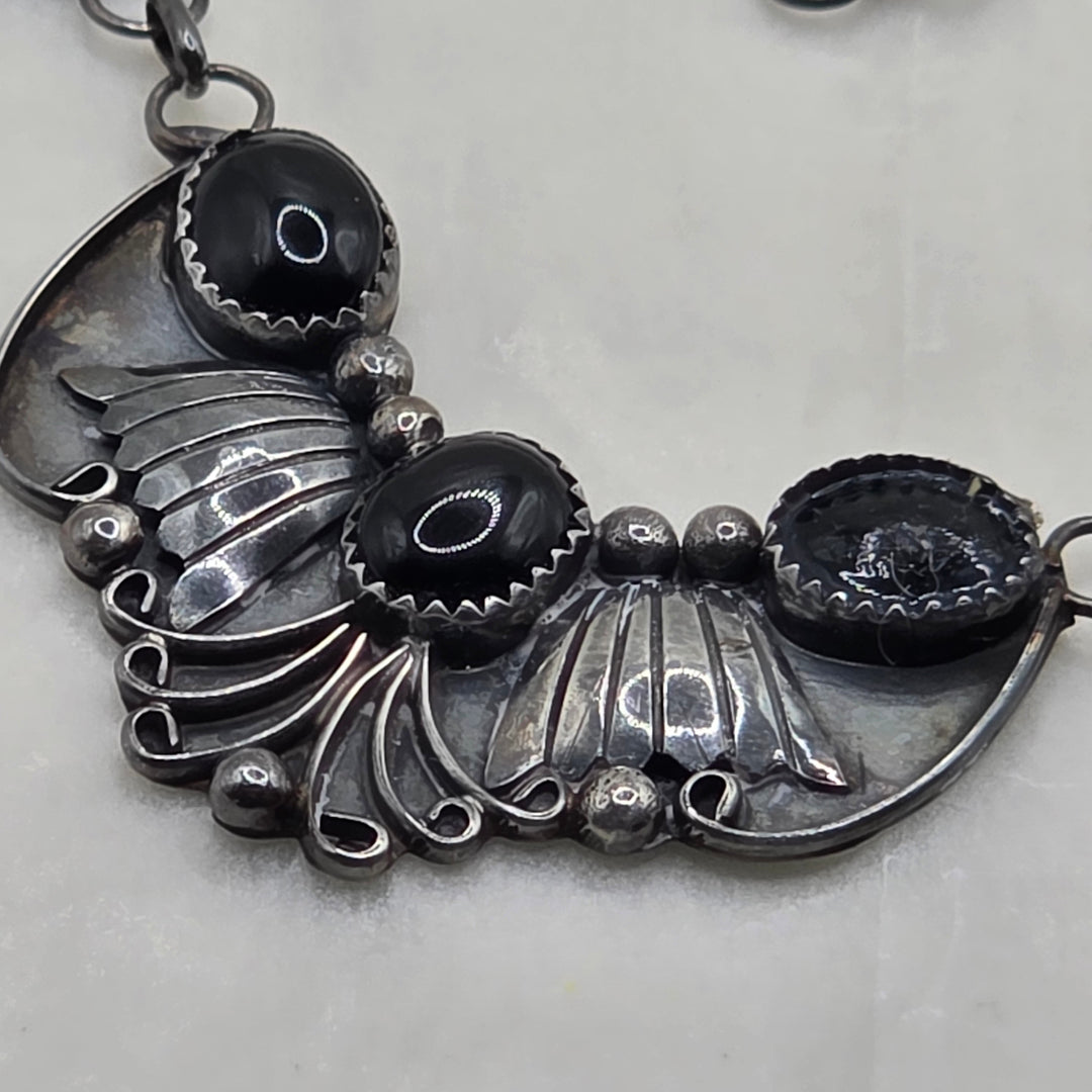 Sterling Silver & Cabochon Onyx Feather Pendant Necklace