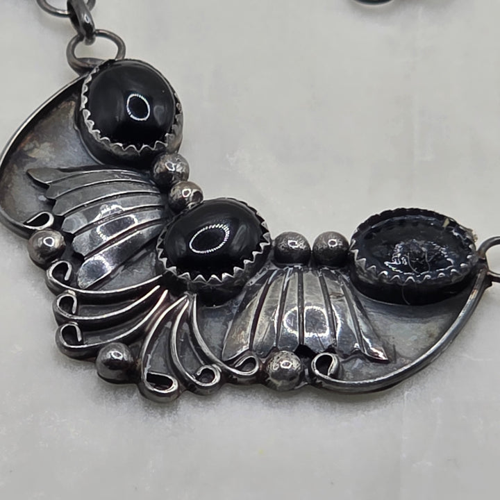 Sterling Silver & Cabochon Onyx Feather Pendant Necklace