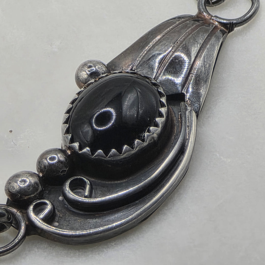 Sterling Silver & Cabochon Onyx Feather Pendant Necklace