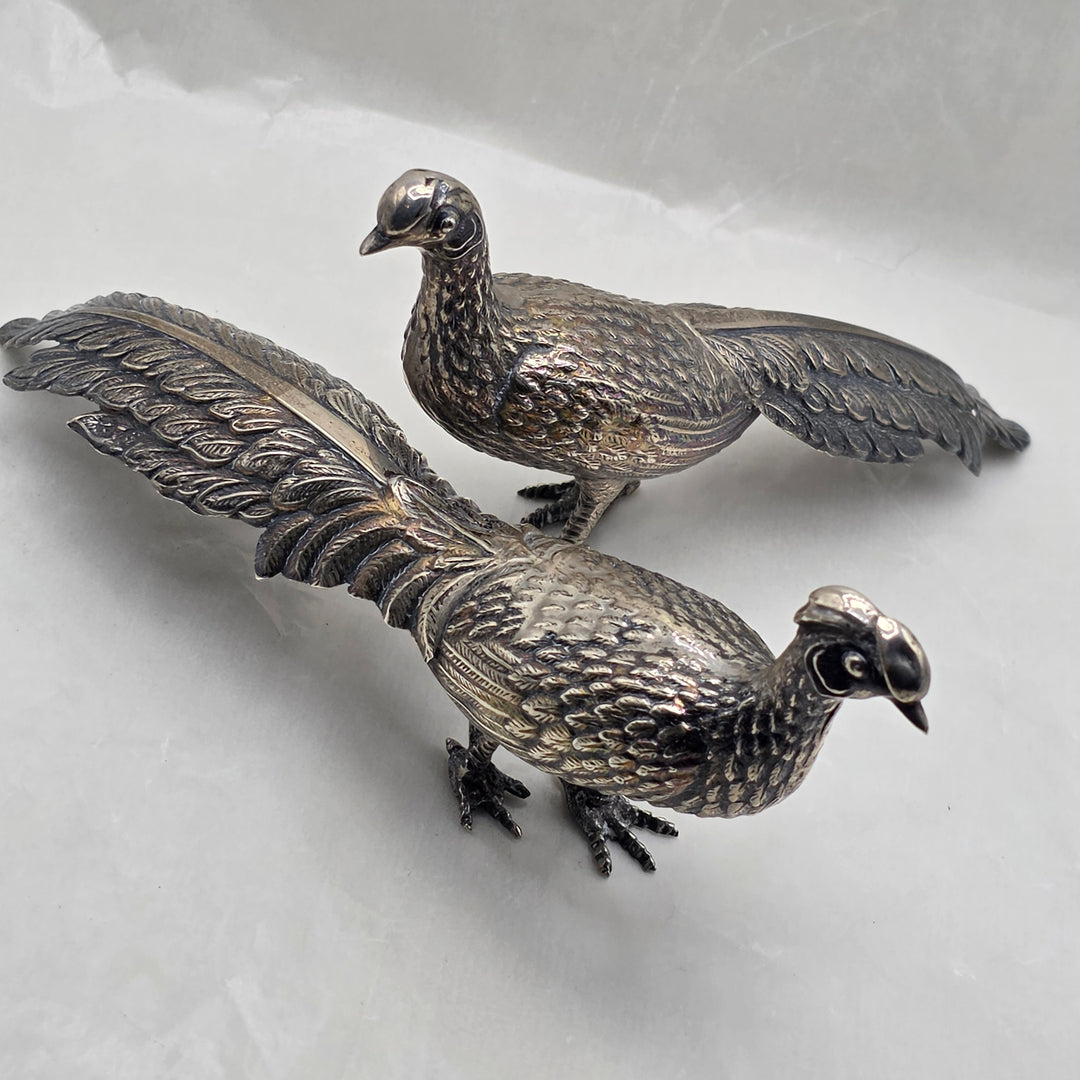Antique Silver Peacock and Peahen Foul Figurines