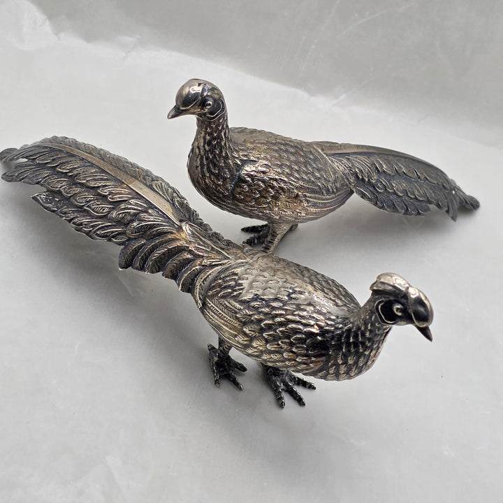 Antique Silver Peacock and Peahen Foul Figurines