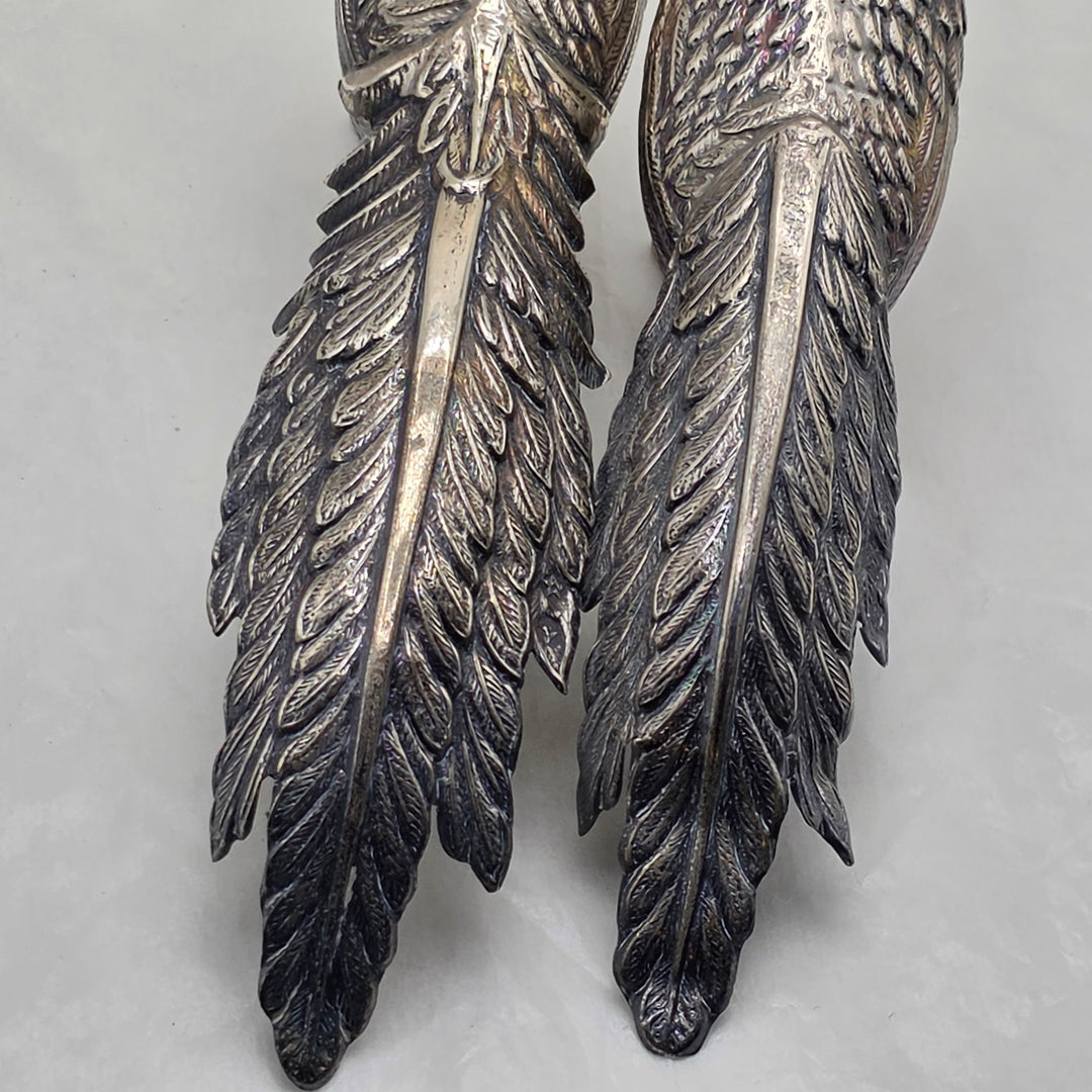 Antique Silver Peacock and Peahen Foul Figurines
