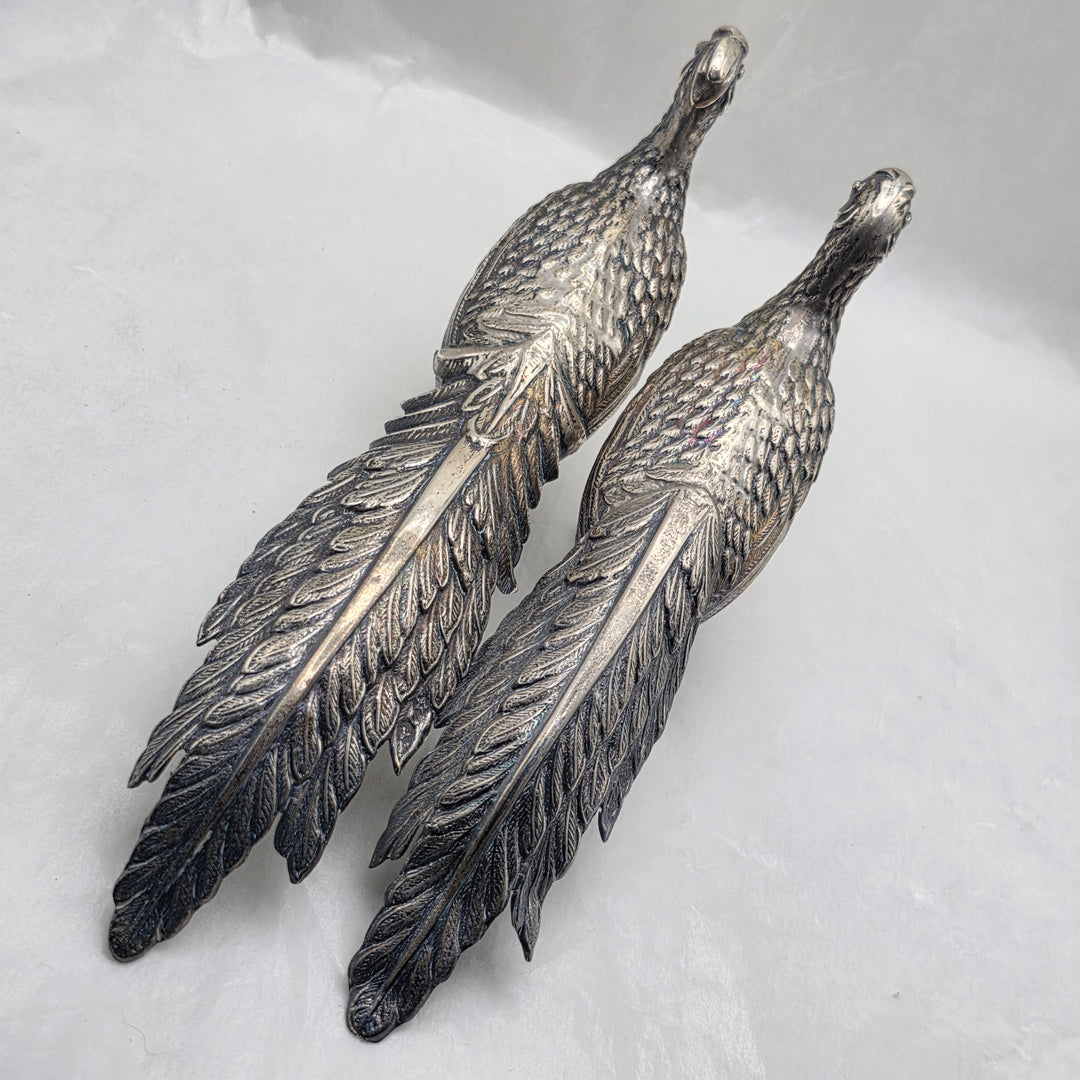 Antique Silver Peacock and Peahen Foul Figurines