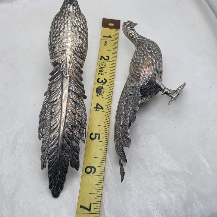 Antique Silver Peacock and Peahen Foul Figurines