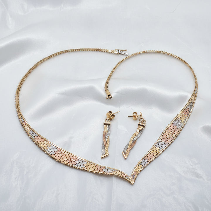 Tri-Color 14K Gold Running Bond Omega Necklace & Earrings Set