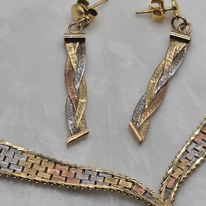 Tri-Color 14K Gold Running Bond Omega Necklace & Earrings Set