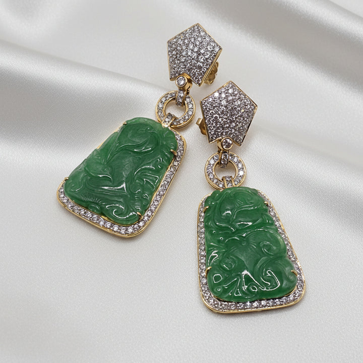 18K Gold, Diamond and Carved Jade Statement Dangle Earrings