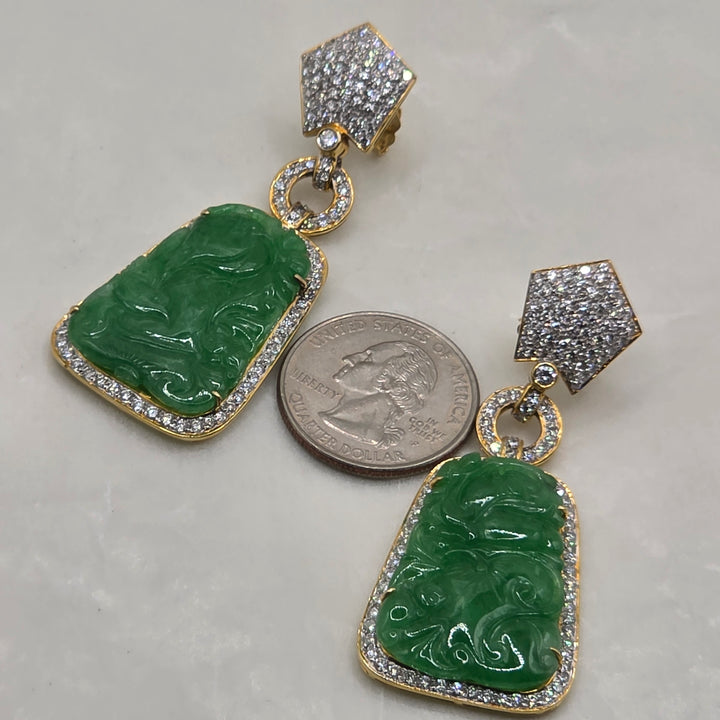 18K Gold, Diamond and Carved Jade Statement Dangle Earrings