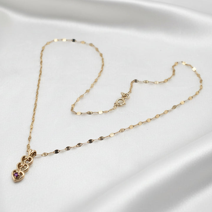 14K Gold & Ruby Triple Heart Pendant & Mirror Link Chain