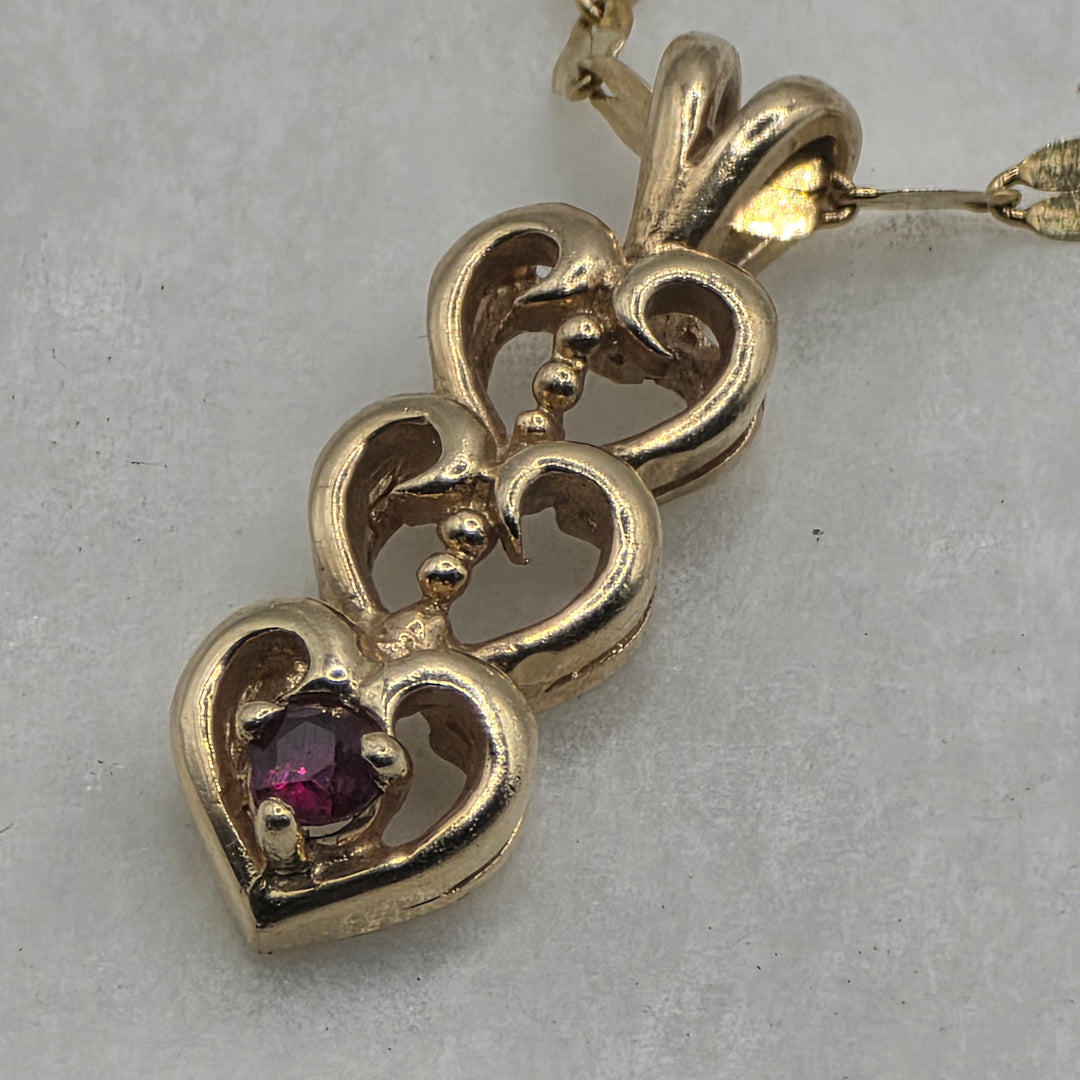 14K Gold & Ruby Triple Heart Pendant & Mirror Link Chain