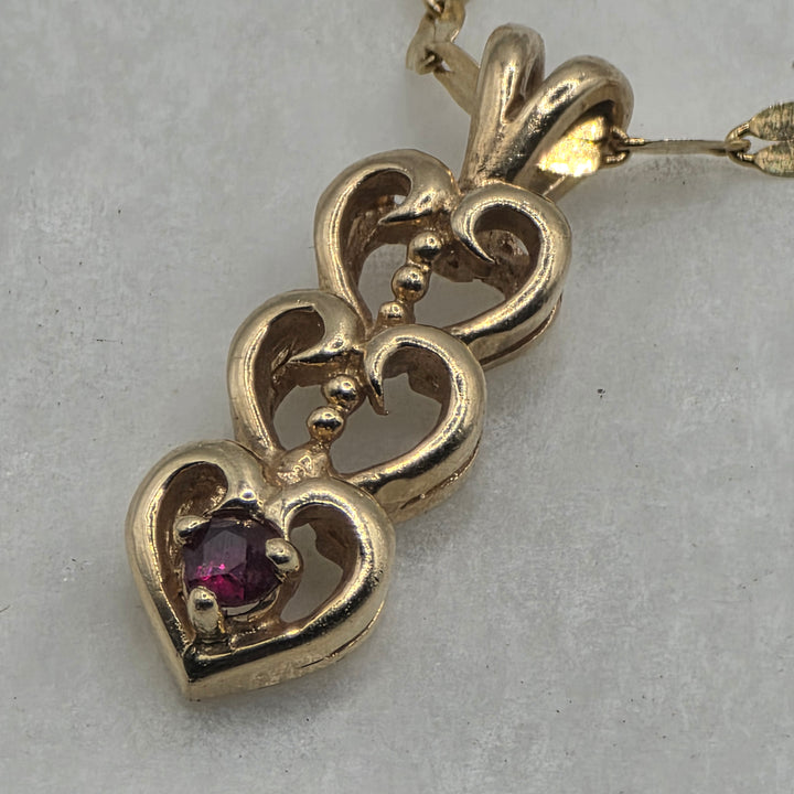 14K Gold & Ruby Triple Heart Pendant & Mirror Link Chain